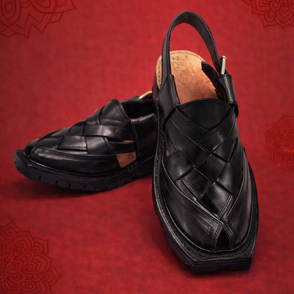 Handmade Black Norozi Leather Chappal With Leather Sole